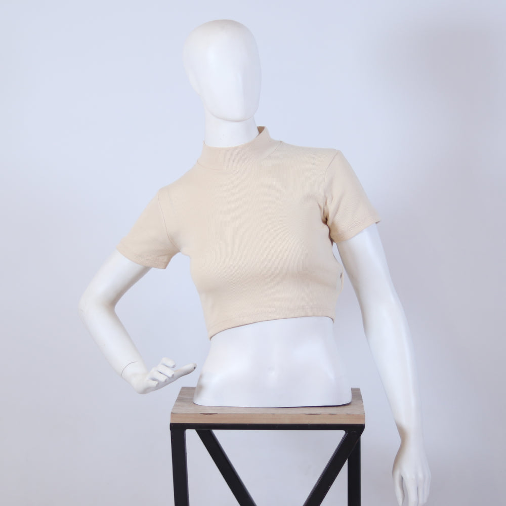 Women's Beige Ribbed Mock Neck Top