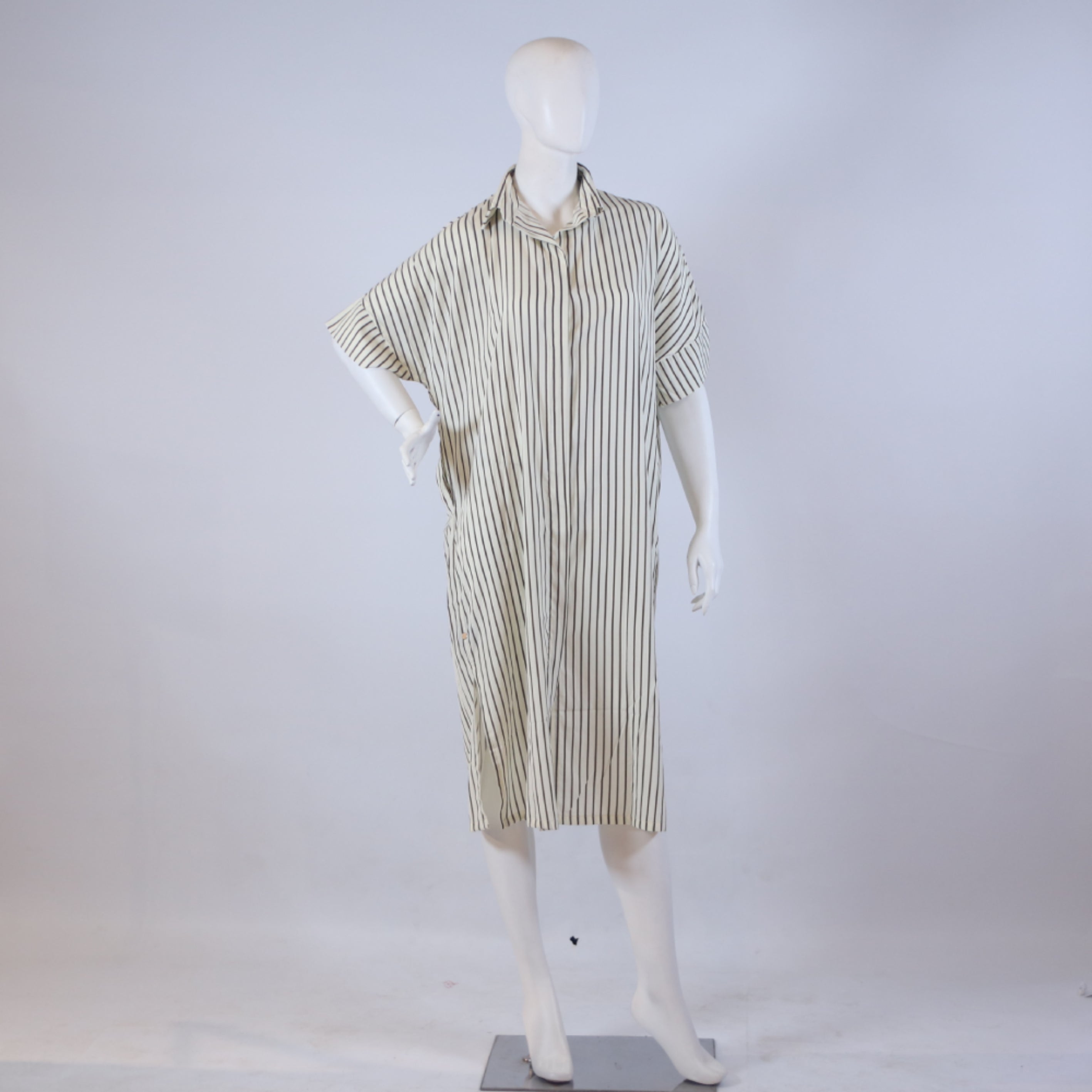 Cream & Olive Green Fine Striped Court Dress – Loose Fit Casual Midi Shirt-Dress