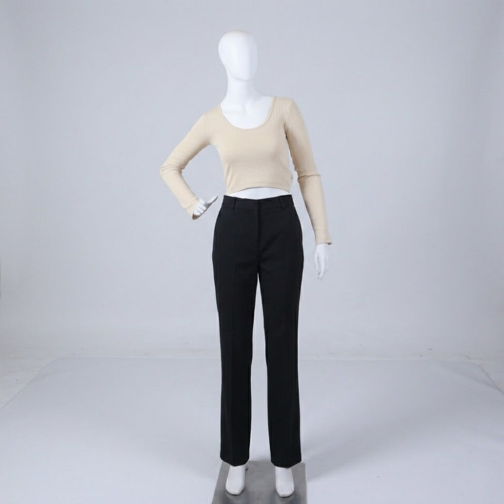 Elegant Light Beige Scoop Neck Ribbed Long Sleeve Crop Top