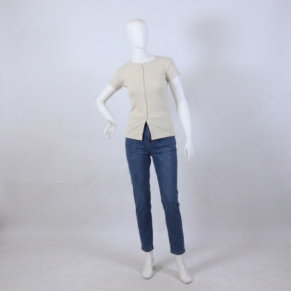 Chic Off-White Button-Front Ribbed Short Sleeve Top
