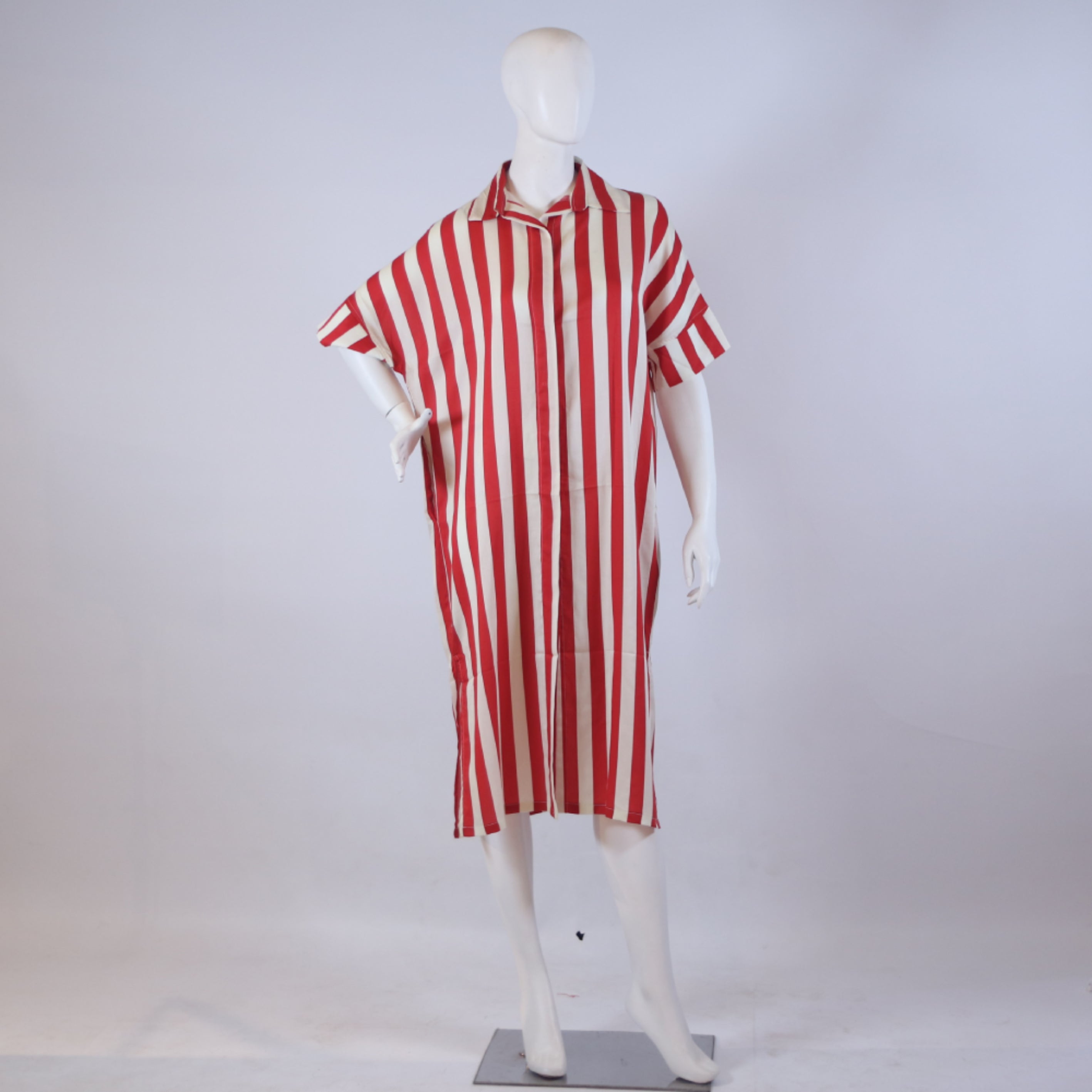 Vibrant Red & Cream Striped Court Dress – Loose Fit Casual Midi Shirt-Dress