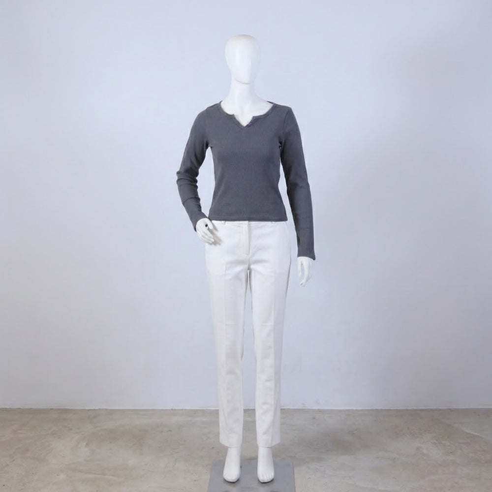 Women's Grey Henley Ribbed Top