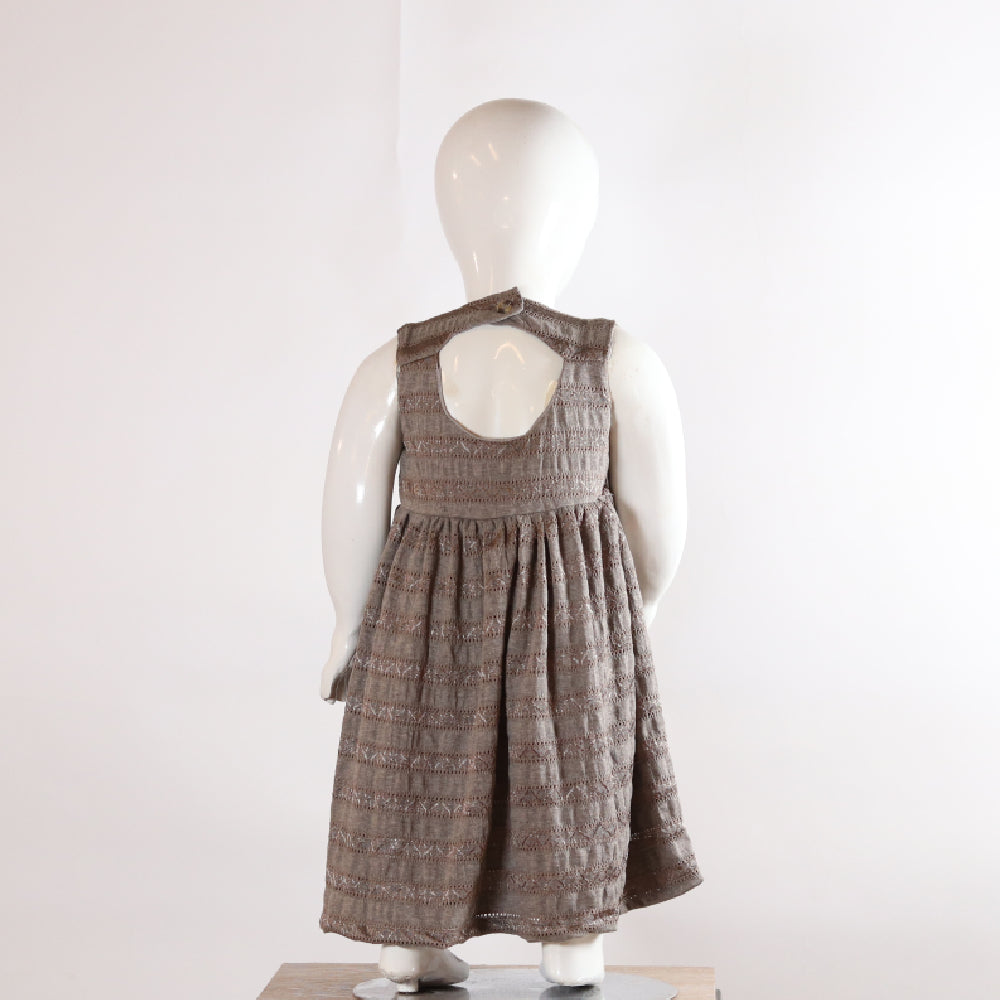 Kids Elegant Taupe Brown Textured Sleeveless Frock / Dress