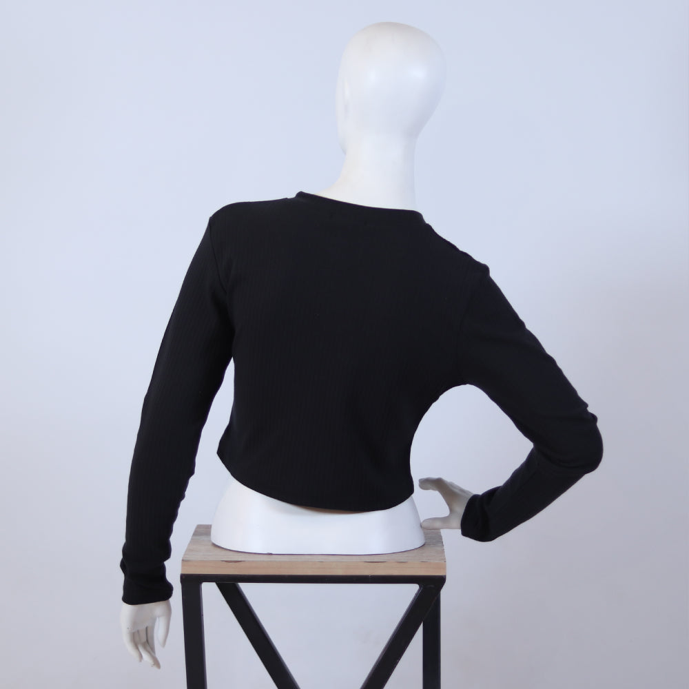 Classic Black Button-Up Ribbed Cardigan Crop Top