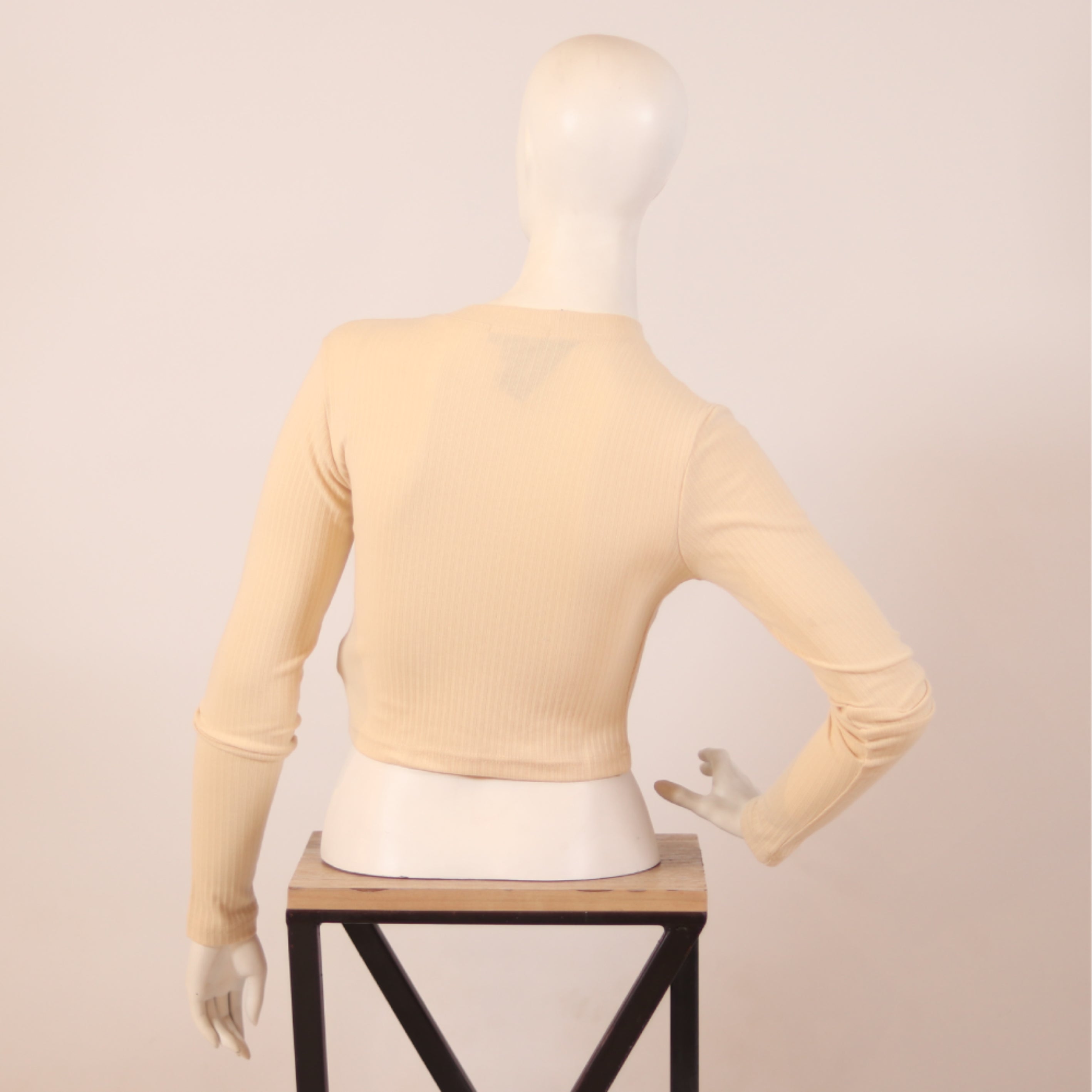Elegant Cream Ribbed Long Sleeve Crop Top