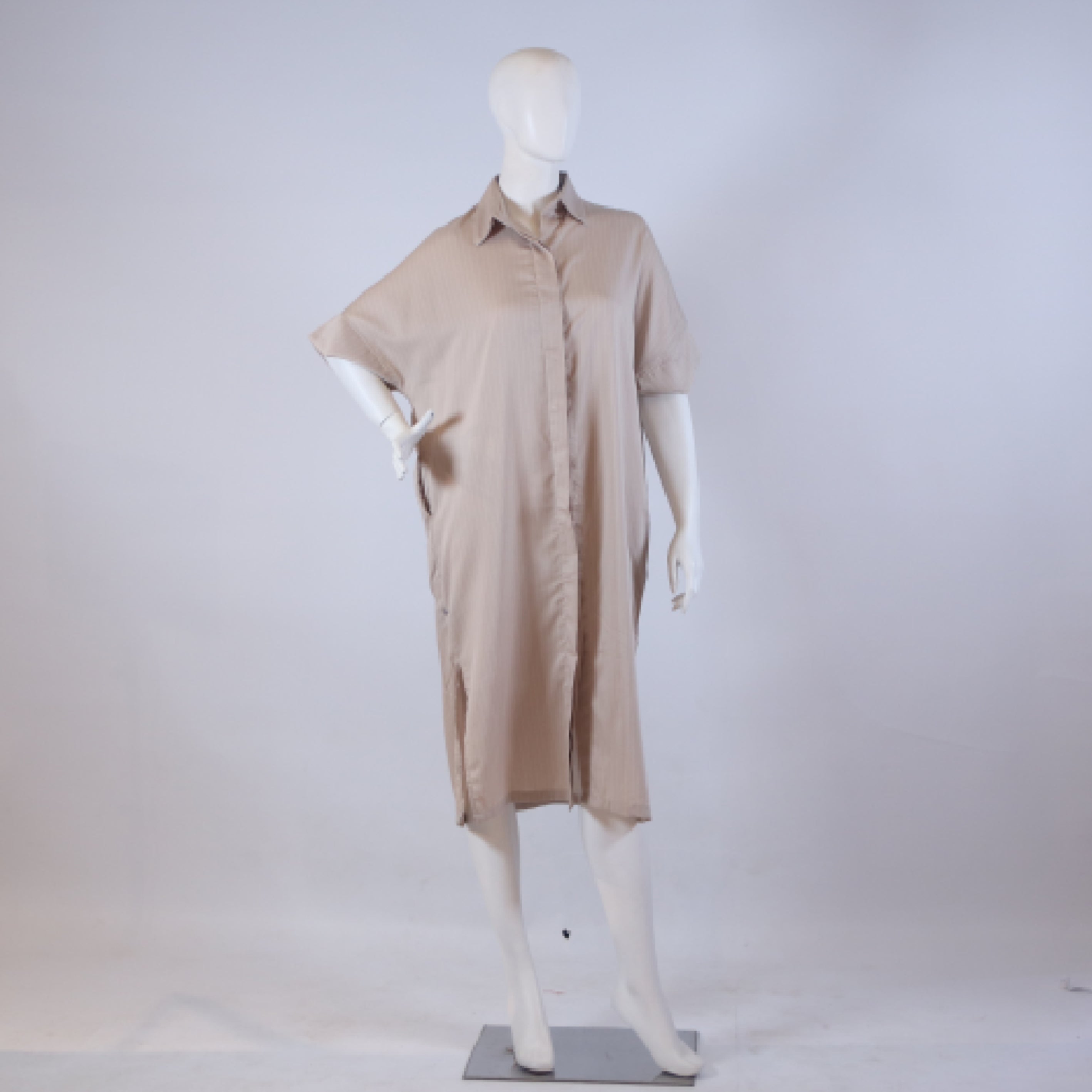 Warm Beige Pinstripe Court Dress – Loose Fit Casual Midi Shirt-Dress