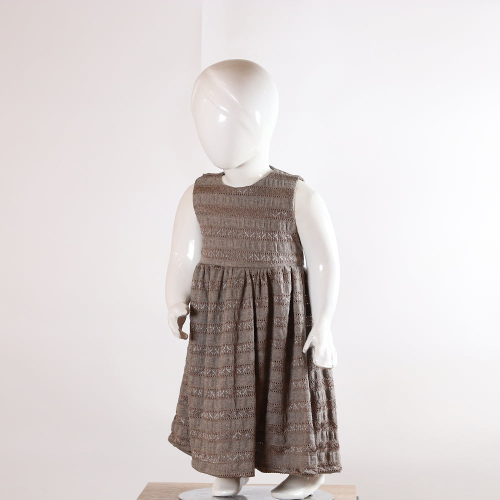 Kids Elegant Taupe Brown Textured Sleeveless Frock / Dress