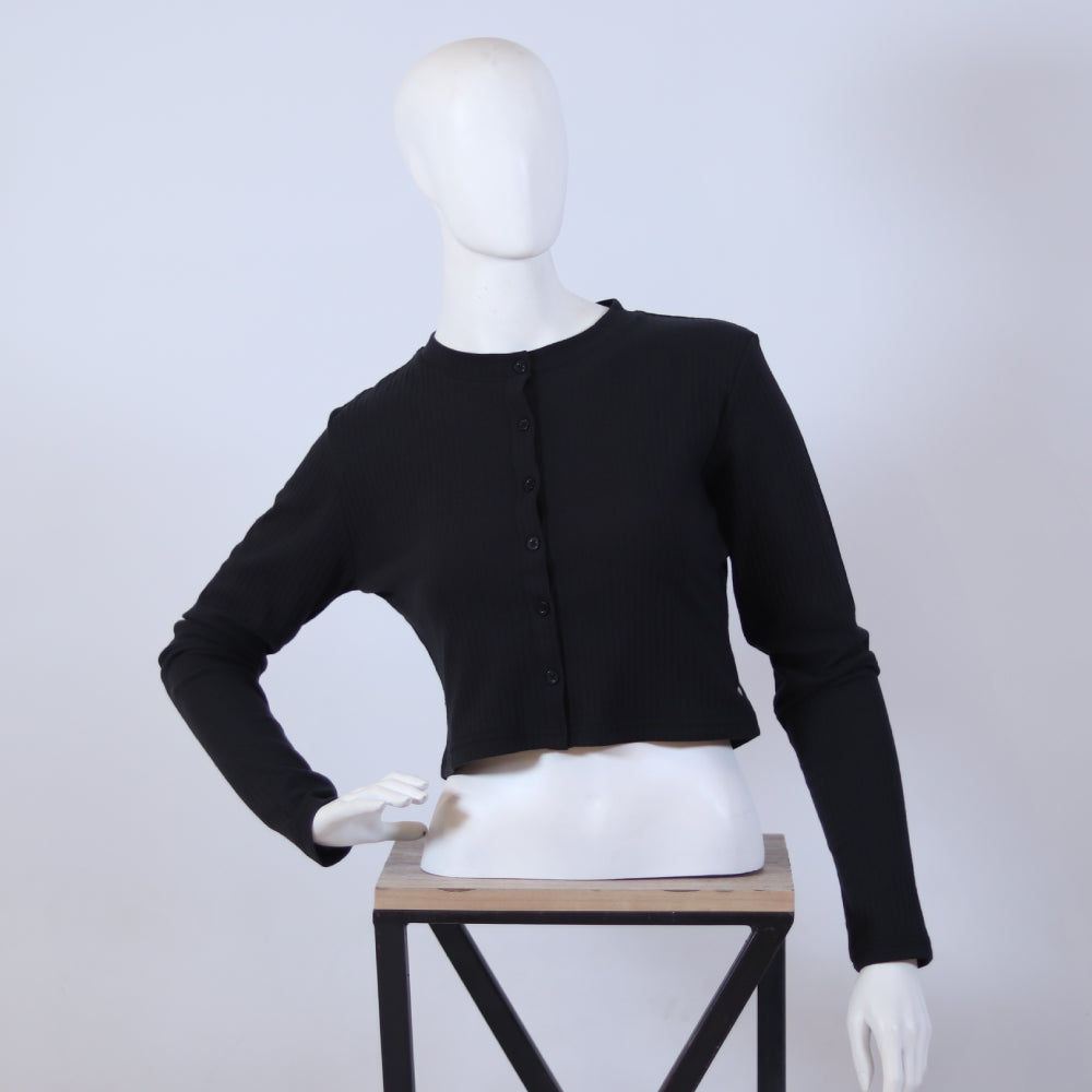 Classic Black Button-Up Ribbed Cardigan Crop Top