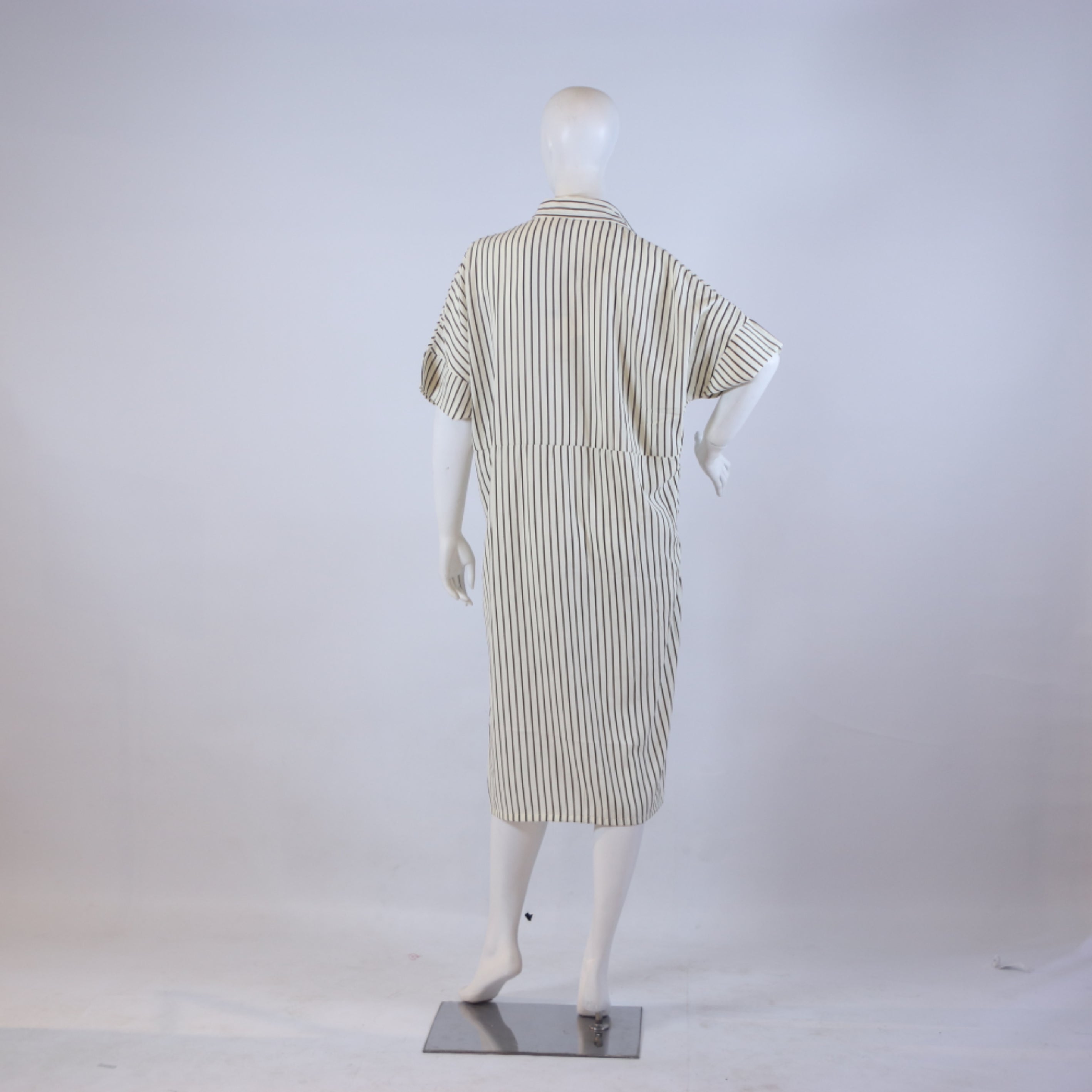 Cream & Olive Green Fine Striped Court Dress – Loose Fit Casual Midi Shirt-Dress
