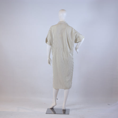 Cream & Olive Green Fine Striped Court Dress – Loose Fit Casual Midi Shirt-Dress