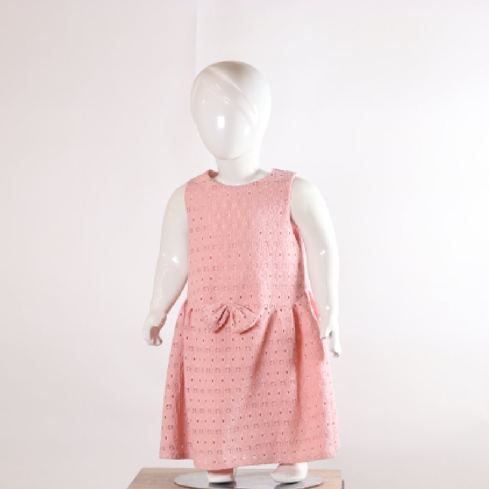 Kids Pastel Pink Eyelet Chikankari Sleeveless Dress / Frock