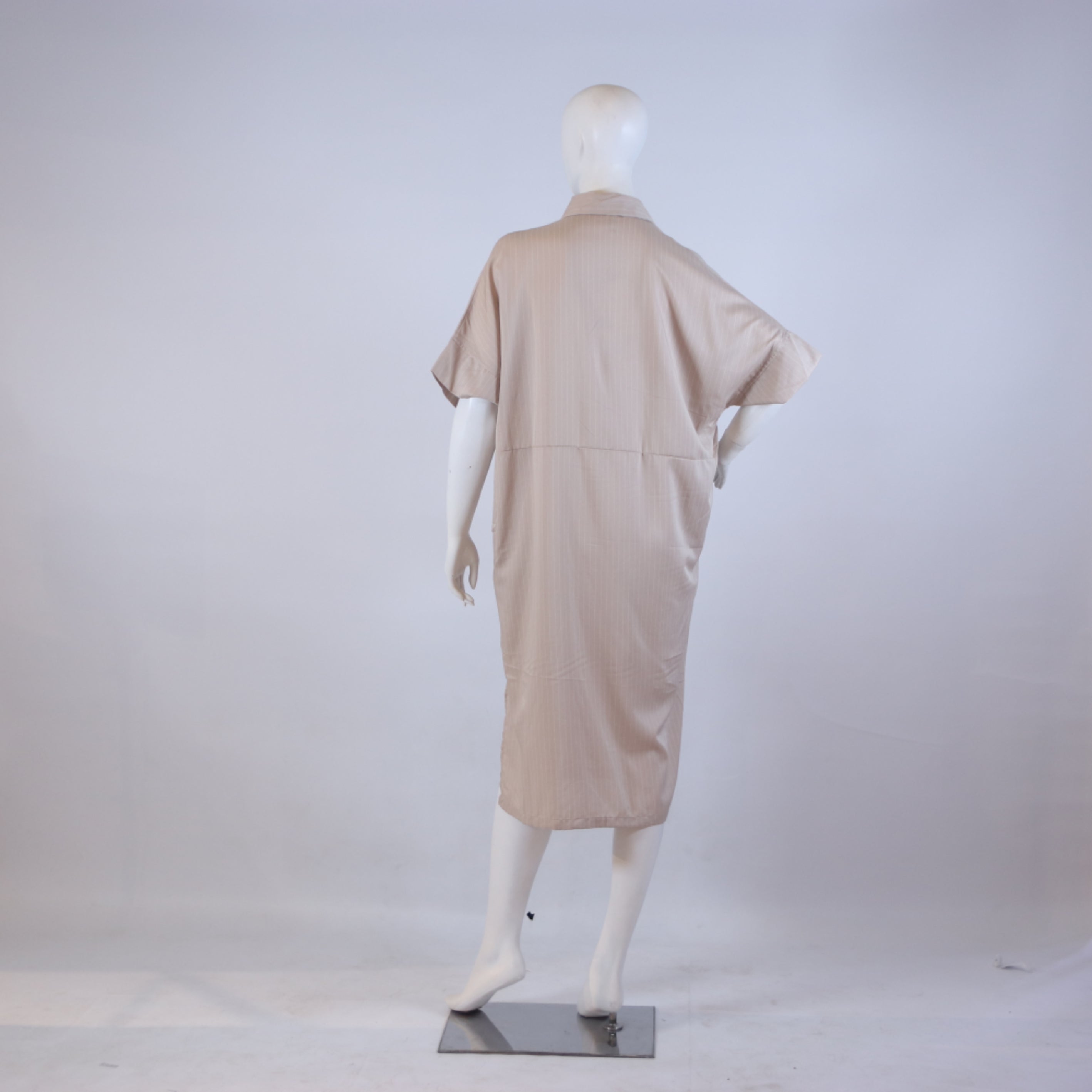 Warm Beige Pinstripe Court Dress – Loose Fit Casual Midi Shirt-Dress