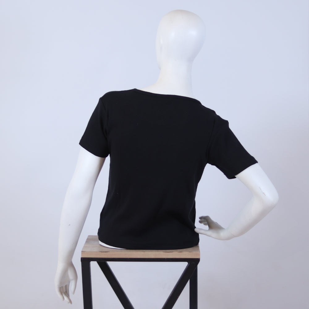 Classic Black Henley Ribbed Short Sleeve Top