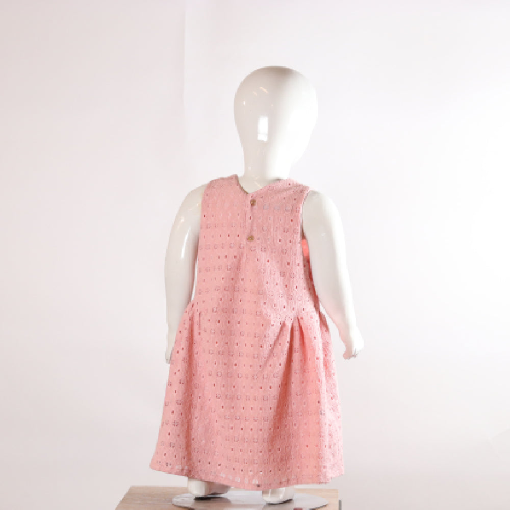 Kids Pastel Pink Eyelet Chikankari Sleeveless Dress / Frock