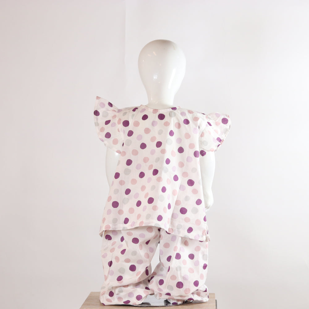 Kids Multi-Shade Purple Polka Dot Flounce Sleeve Top & Trouser Co-Ord Set