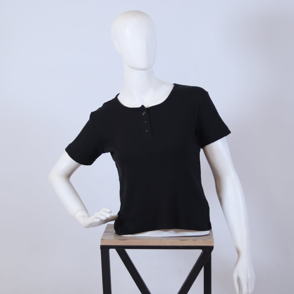Classic Black Henley Ribbed Short Sleeve Top