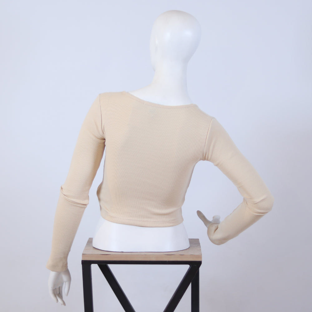 Elegant Light Beige Scoop Neck Ribbed Long Sleeve Crop Top