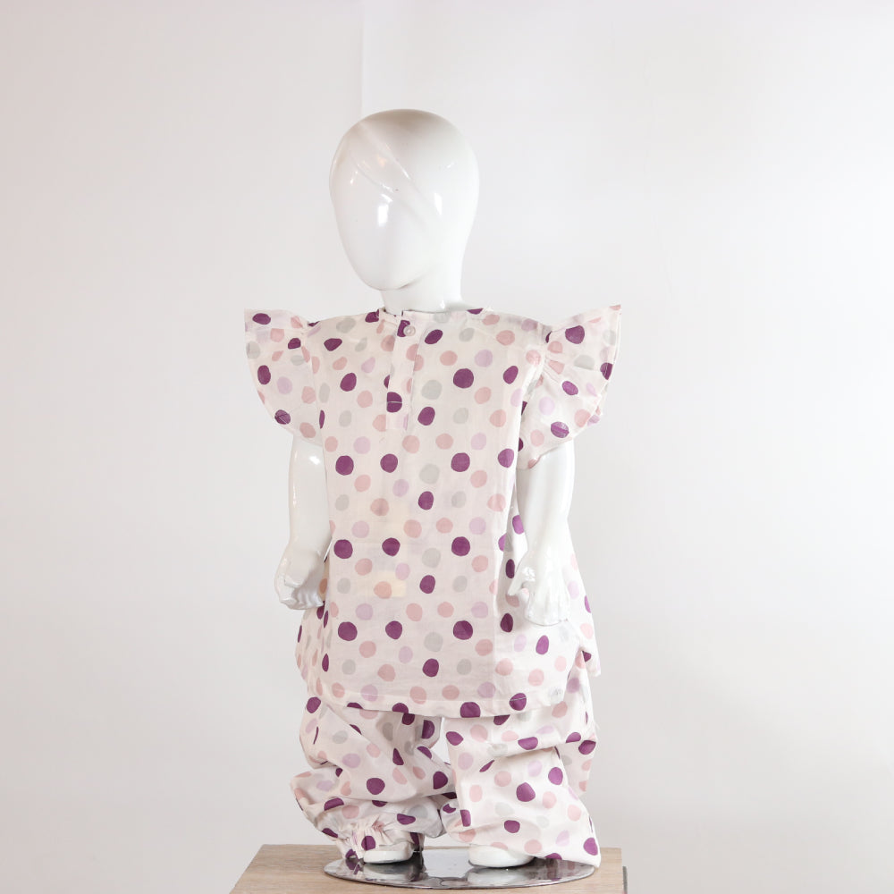 Kids Multi-Shade Purple Polka Dot Flounce Sleeve Top & Trouser Co-Ord Set