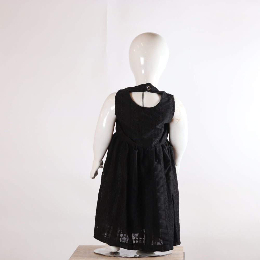 Kids Midnight Black Self-Patterned Sleeveless Flared Frock Dress