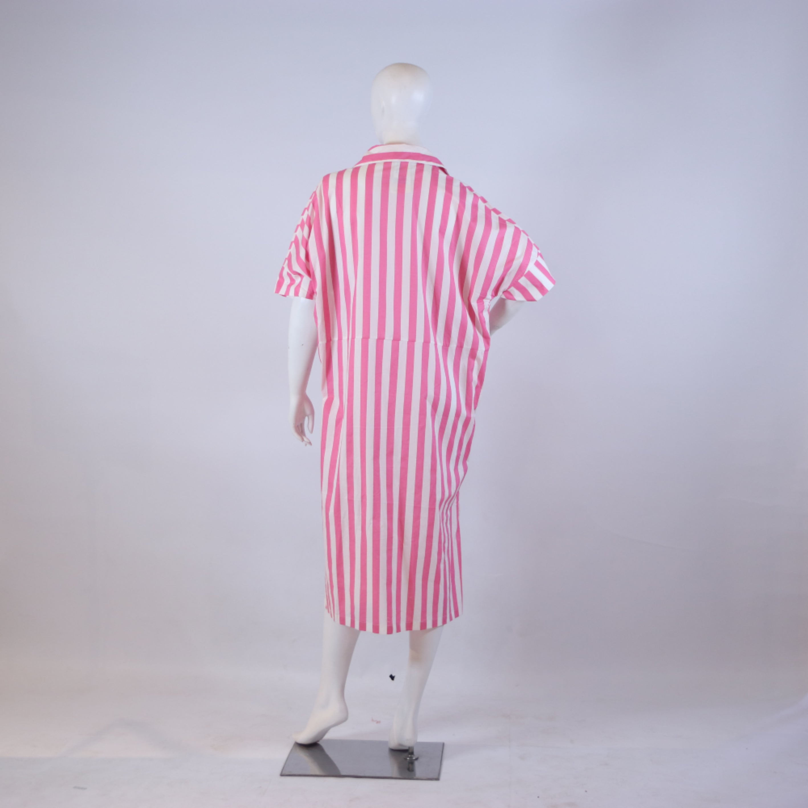 Pink & Off-White Striped Court Dress – Relaxed Fit Casual Midi