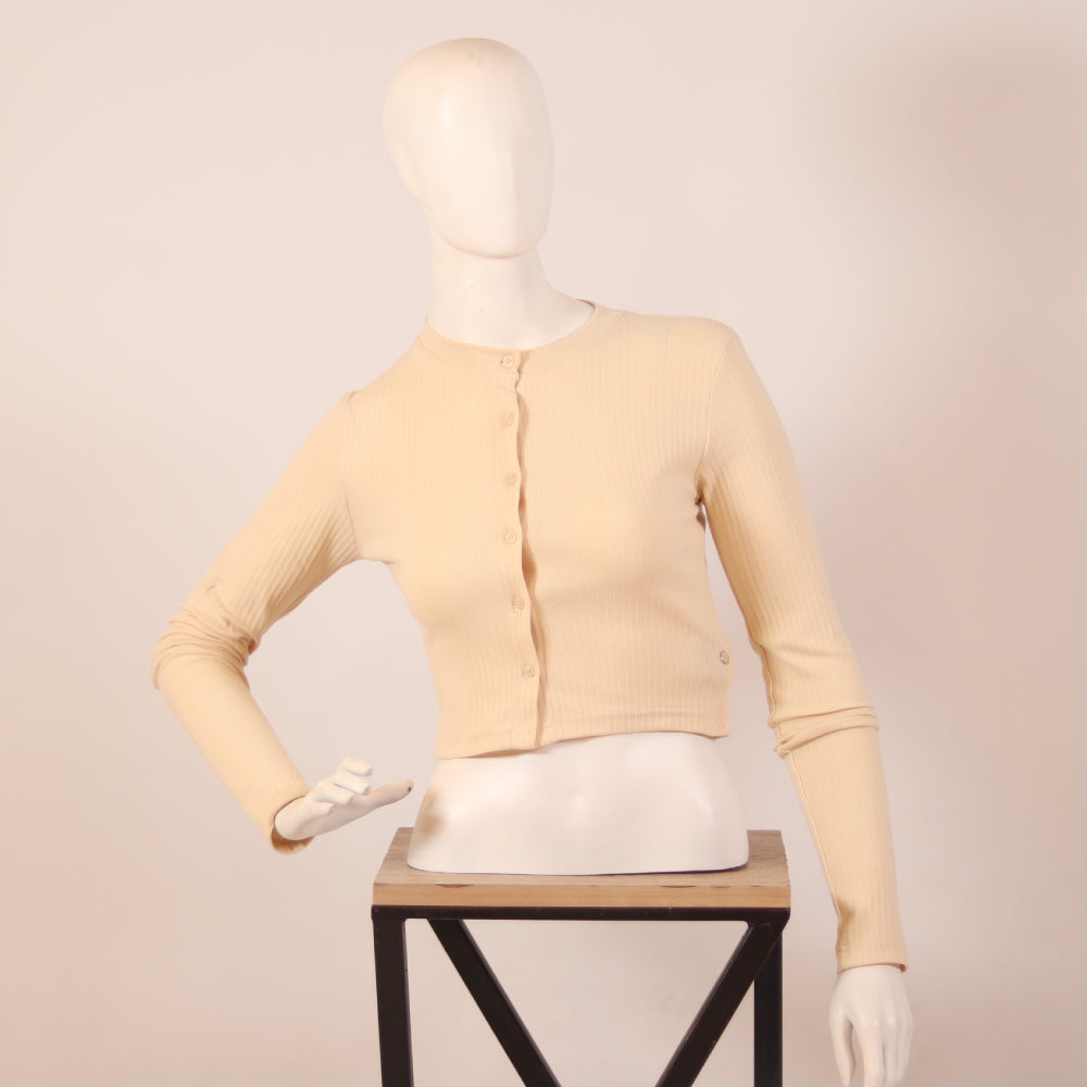 Elegant Cream Ribbed Long Sleeve Crop Top