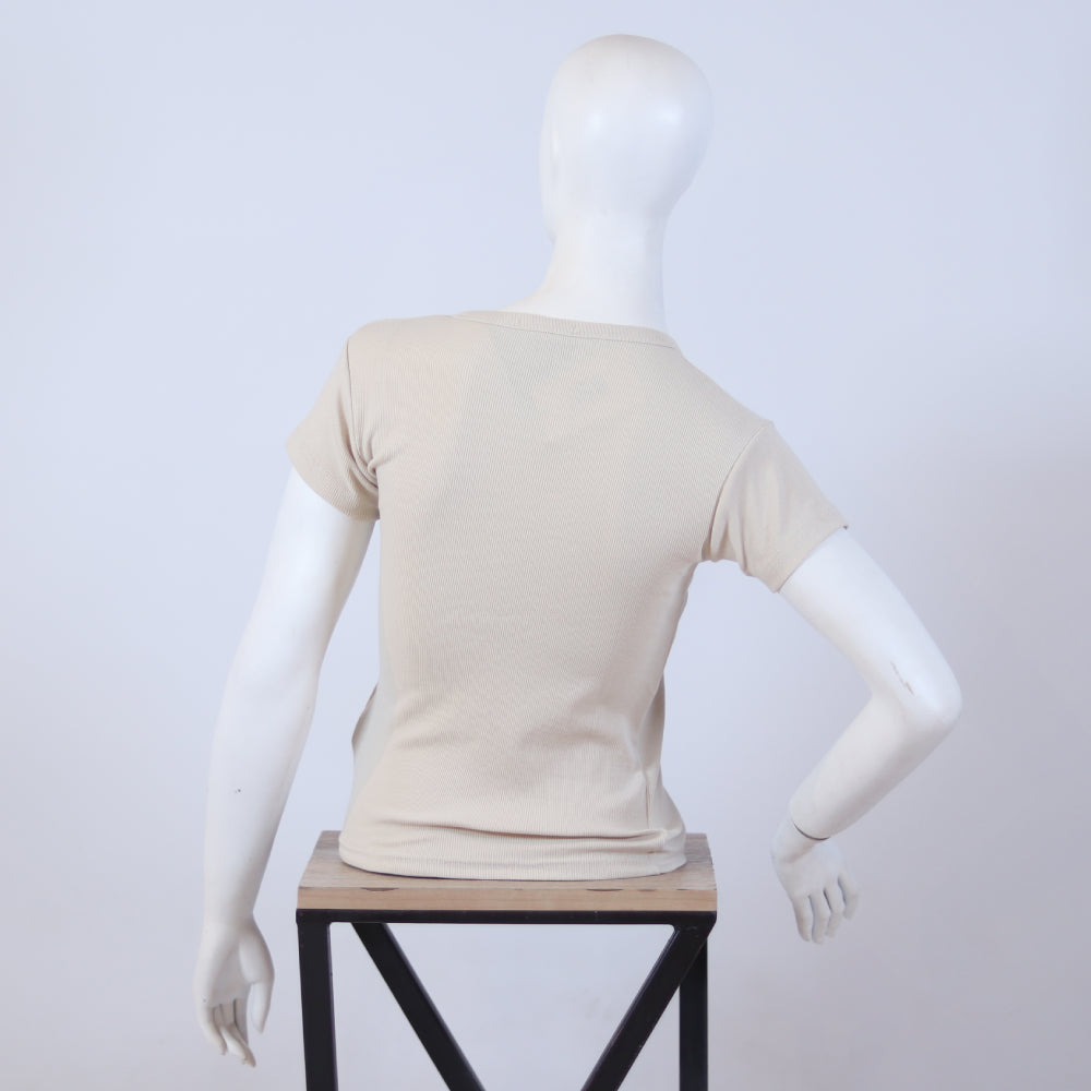 Chic Off-White Button-Front Ribbed Short Sleeve Top