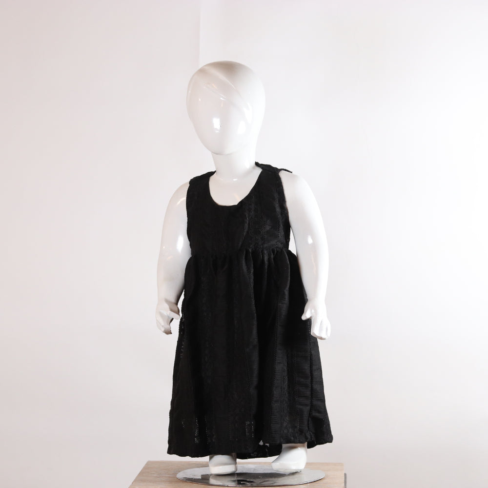 Kids Midnight Black Self-Patterned Sleeveless Flared Frock Dress