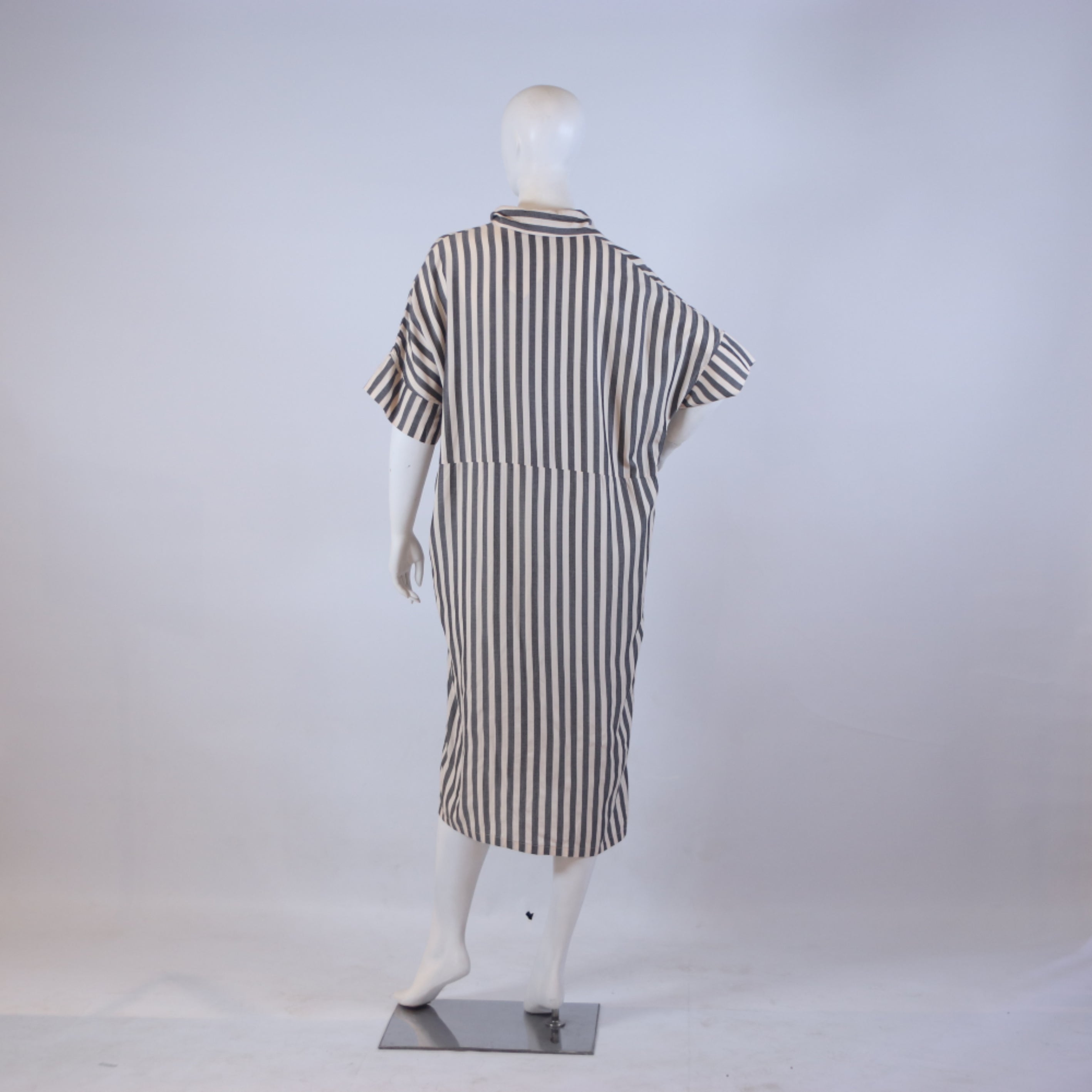 Off-White & Black Striped Court Dress – Relaxed Fit Casual Midi