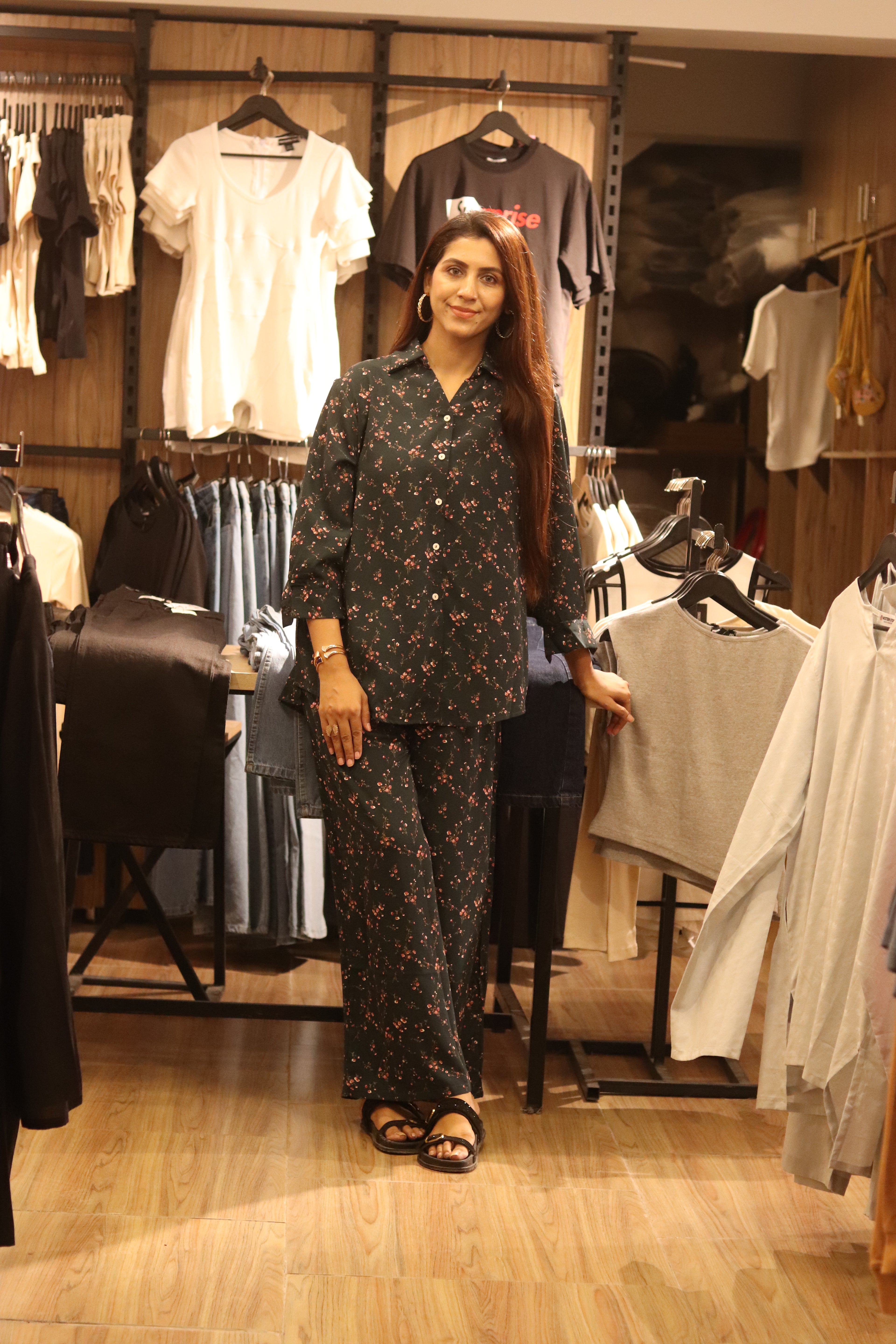 Women's Black Floral Printed Night Suit | Soft Cotton 2 Piece Loungewear