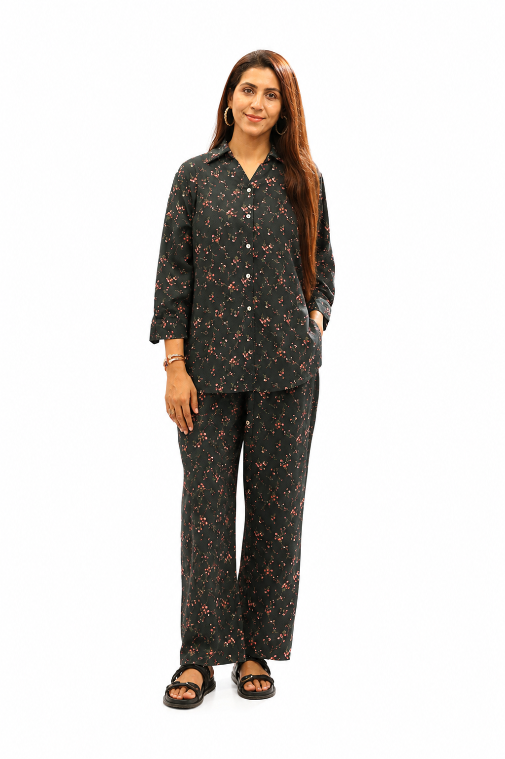 Women's Black Floral Printed Night Suit | Soft Cotton 2 Piece Loungewear