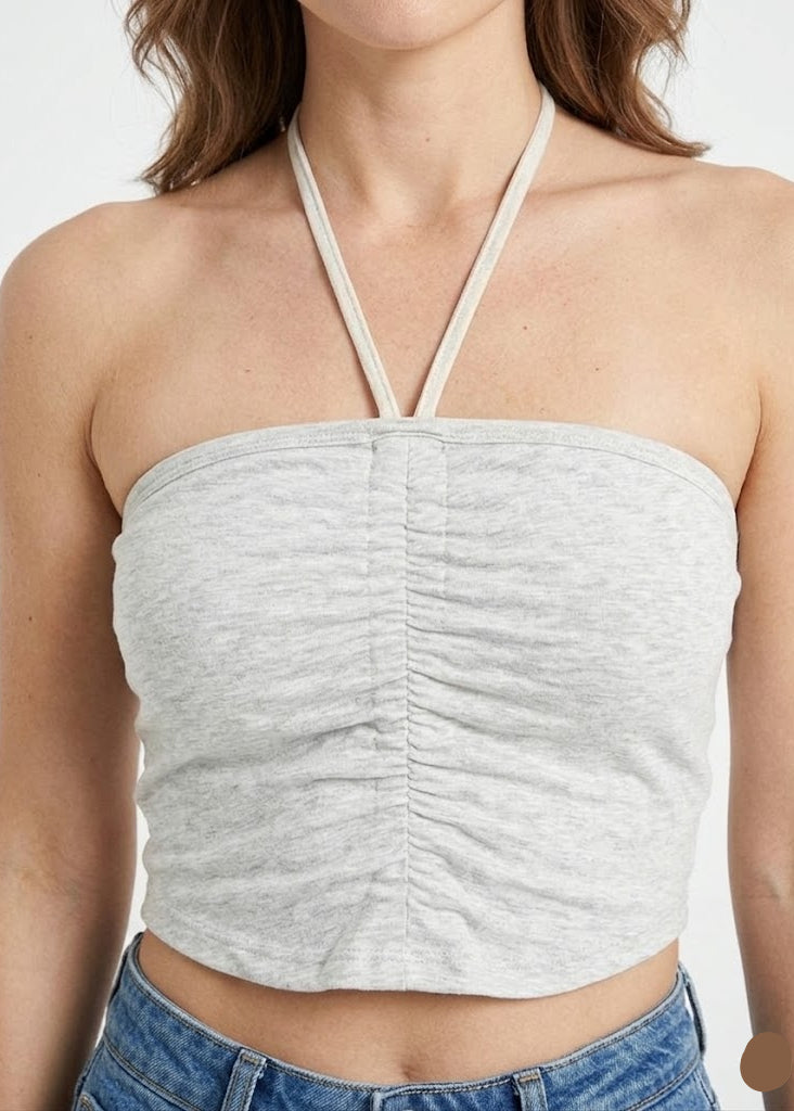 Heather Grey Ruched Halter Crop Top- White (W-34)