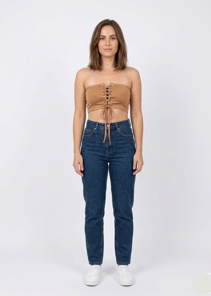Tan Lace-Up Bandeau Crop Top - Camel Ribbed Tube Top (W-26)