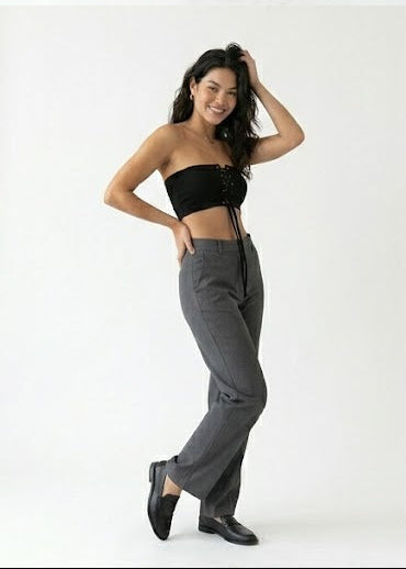 Front Lace-Up Ribbed Tube Top- Black (W-29)