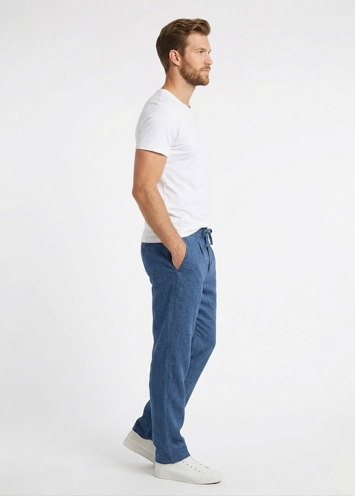 Men’s Relaxed Fit Linen Drawstring Trousers - Indigo Blue (MTR-22)