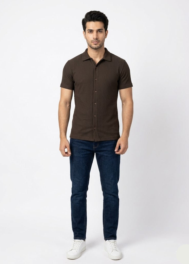 Men’s Ribbed Short Sleeve Button-Down Brown (MS-13)