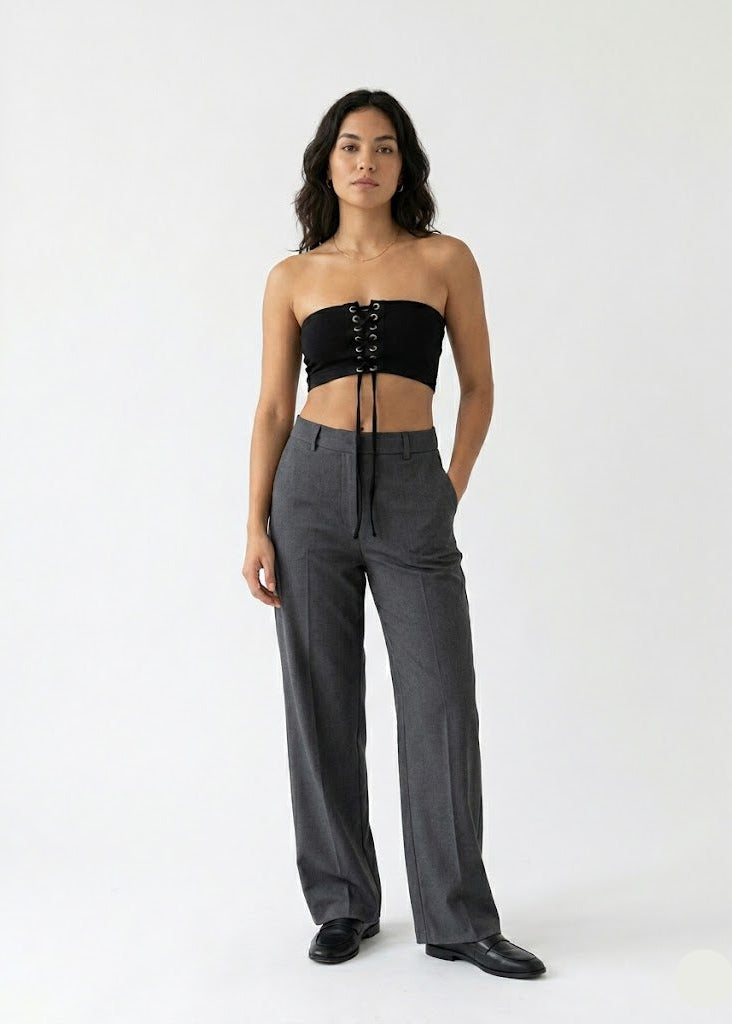 Front Lace-Up Ribbed Tube Top- Black (W-29)