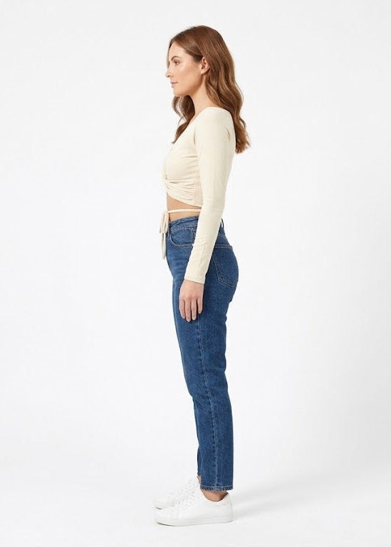Ribbed V-Neck Twist-Front Crop Top in Cream (W-33)