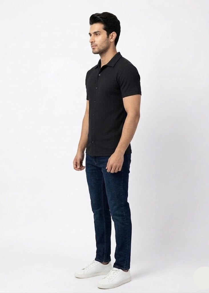 Men’s Ribbed Short Sleeve Button-Down Black (MS-13)
