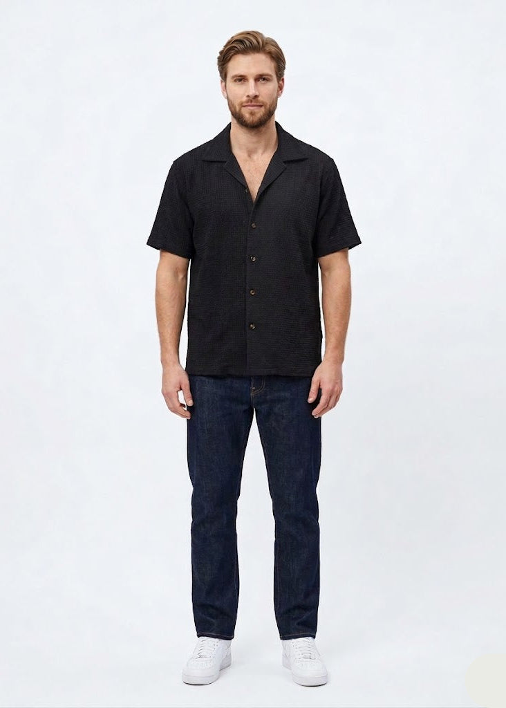 Waffle-Knit Short Sleeve Button-Down Black (MS-15)
