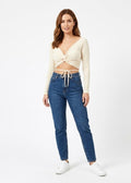 Ribbed V-Neck Twist-Front Crop Top in Cream (W-33)