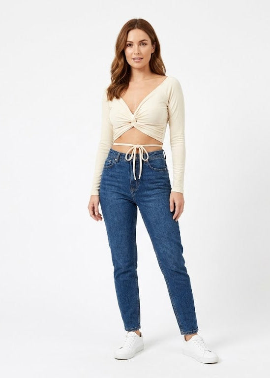 Ribbed V-Neck Twist-Front Crop Top in Cream (W-33)