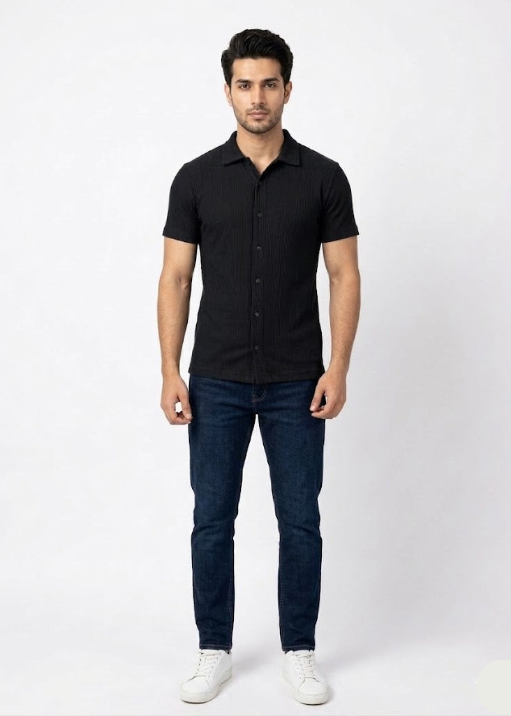 Men’s Ribbed Short Sleeve Button-Down Black (MS-13)