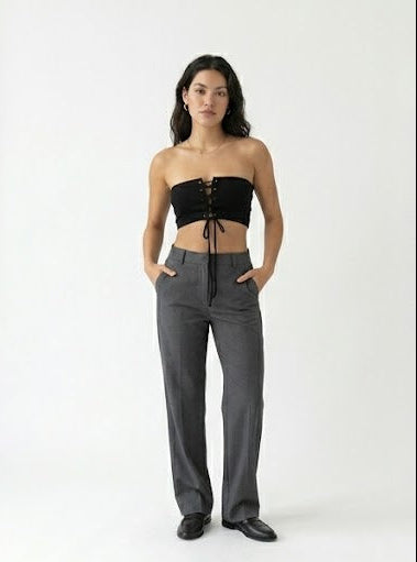 Front Lace-Up Ribbed Tube Top- Black (W-29)