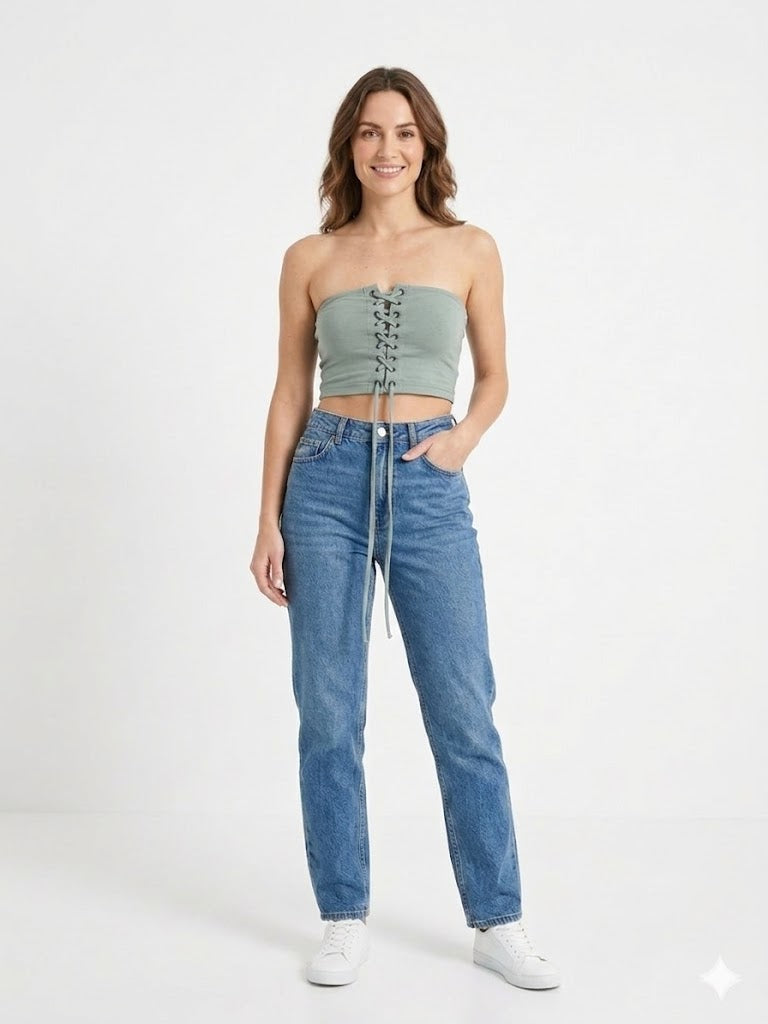 Lace-Up Front Strapless Tube Top in Sage Green (W-29)