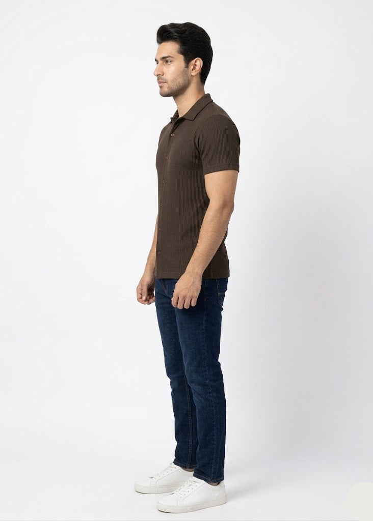 Men’s Ribbed Short Sleeve Button-Down Brown (MS-13)