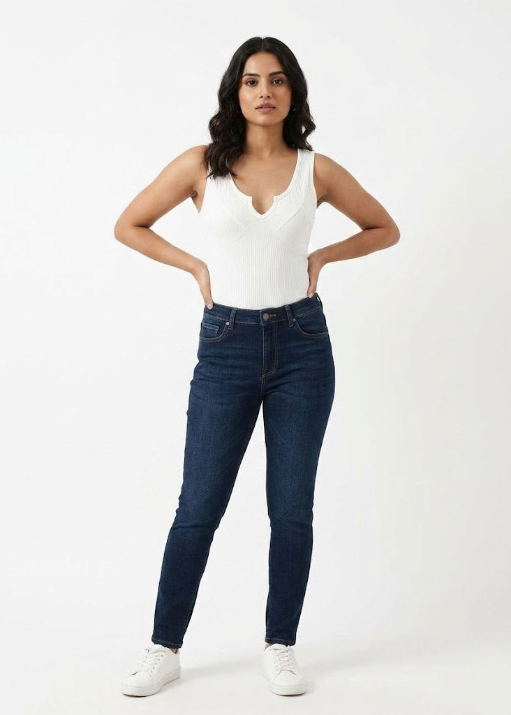 Ribbed V-Neck Bodysuit with Bandage Detailing - White (W-25)