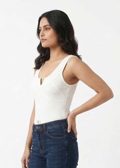 Ribbed V-Neck Bodysuit with Bandage Detailing - White (W-25)