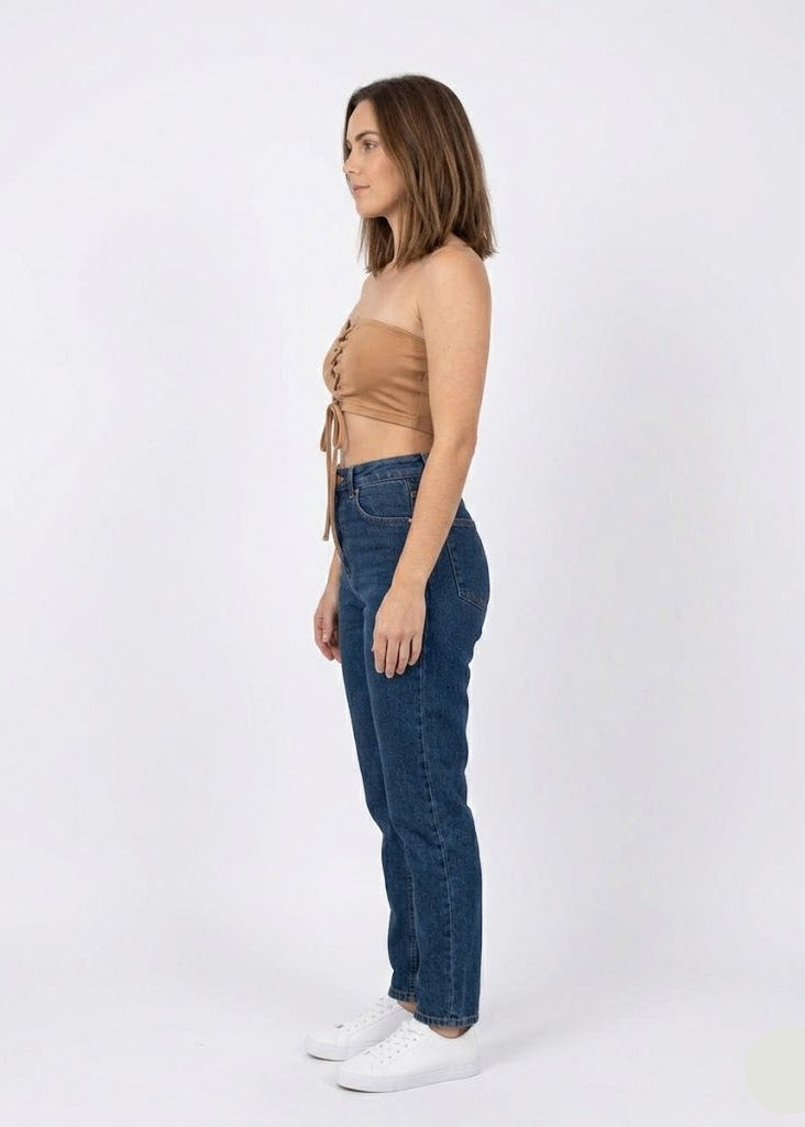 Tan Lace-Up Bandeau Crop Top - Camel Ribbed Tube Top (W-26)