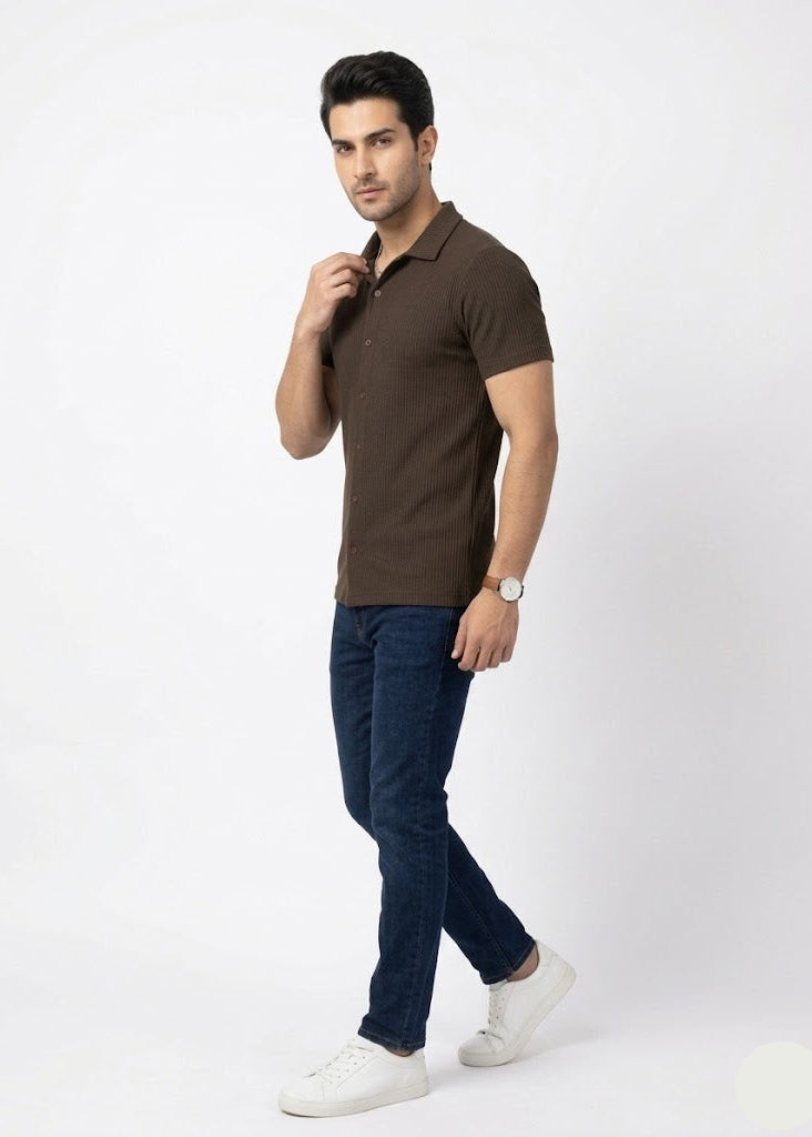 Men’s Ribbed Short Sleeve Button-Down Brown (MS-13)