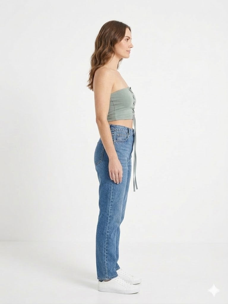 Lace-Up Front Strapless Tube Top in Sage Green (W-29)